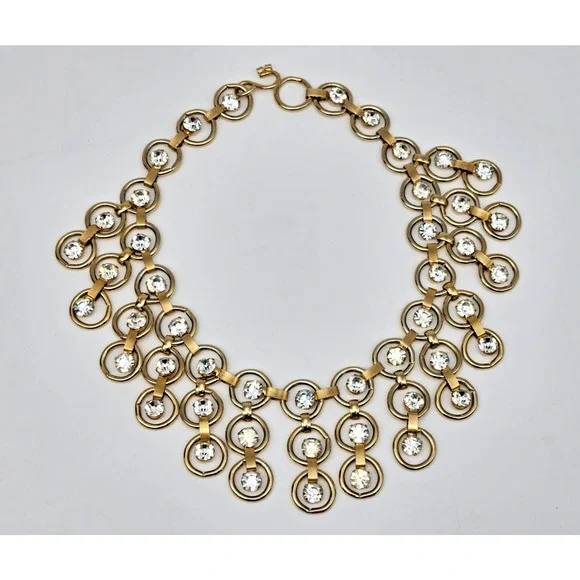 Vintage Statement Gold Circle Link Rhinestone Bib Festoon Collar Necklace
